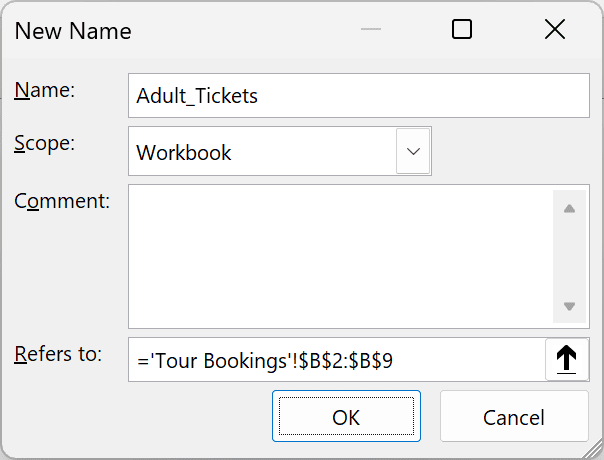 New Name dialog with Adult_Tickets scoped to Workbook