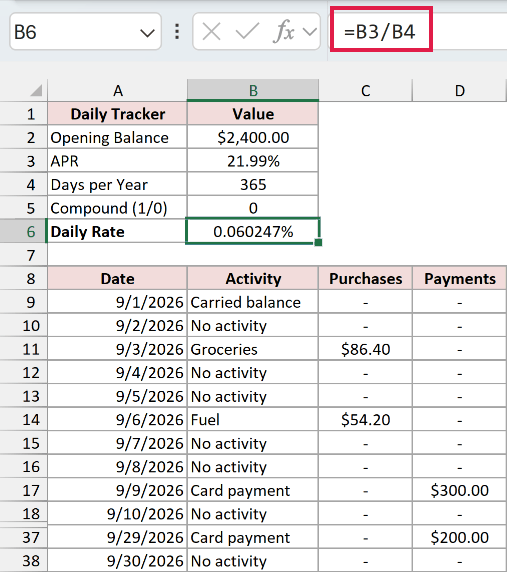 Calculate the daily interest rate for the credit card balance tracker in Excel.