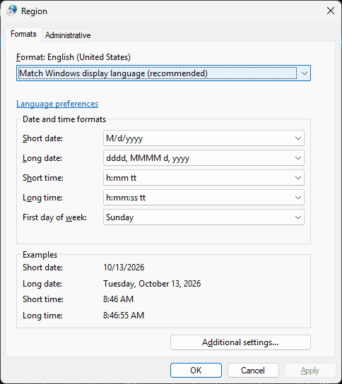 Windows Region dialog shows the Formats tab and Additional settings button.