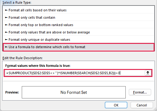 New Formatting Rule dialog with SUMPRODUCT and SEARCH checking D2:D5 against B2.