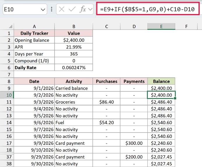 Carry forward the credit card balance with an optional prior-day interest amount and current transactions.