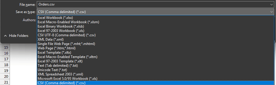 Excel Save As file type list includes the CSV (Comma delimited) option.