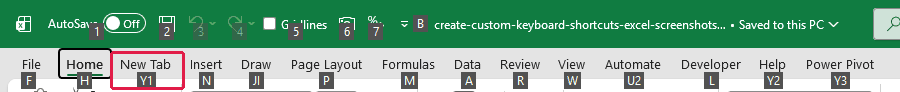 Ribbon tabs displaying KeyTips, including Y1 above the custom New Tab.