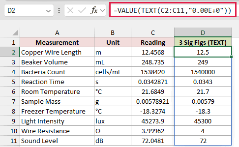 TEXT and VALUE formula returns numeric laboratory readings rounded to three significant figures in column D.