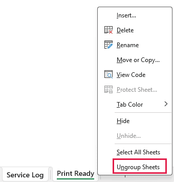 Ungroup Sheets in the context menu for selected worksheet tabs.