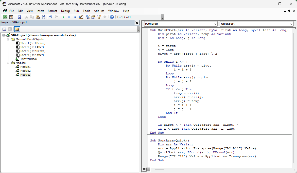 QuickSort and SortArrayQuick appear together in one module in the Visual Basic Editor.