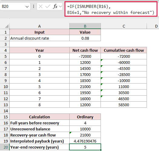 Excel formula returning five years for unequal year-end receipts