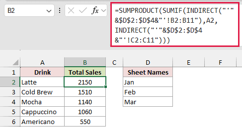 SUMPRODUCT, SUMIF and INDIRECT in B2 use the Jan, Feb and Mar sheet-name list to total sales for each drink.