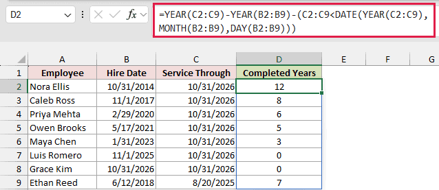 Excel formula bar showing an array formula to calculate completed years of service based on hire and service dates