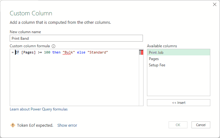New Custom Column dialog with Print Band syntax mistake and Token Eof expected message.