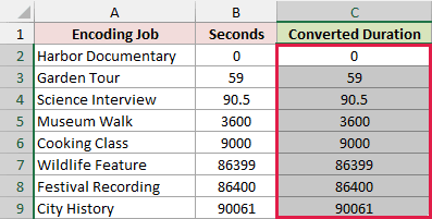 Original seconds copied into the Converted Duration column