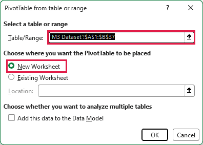 Create a PivotTable from A1:B37 on a new worksheet