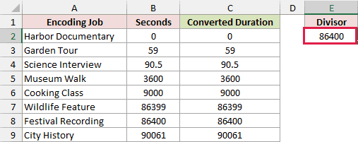 The value 86400 is stored in E2 as the divisor for seconds