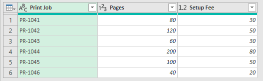 Power Query Editor showing the PrintJobs source columns before adding Print Band.
