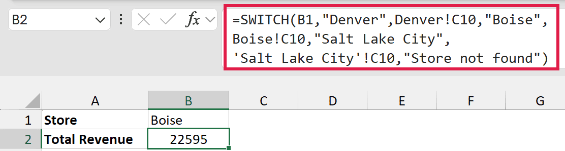 Boise revenue card displays 22595 in B2, with SWITCH referencing three store sheets in the formula bar.