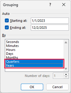 Quarters and Years selected in the Grouping dialog