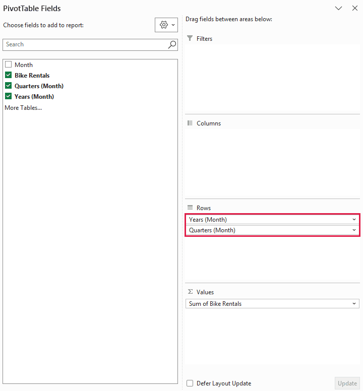 Year and quarter fields in Rows after grouping dates