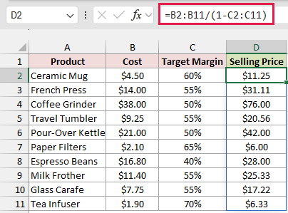 Selling Price column shows prices calculated from costs and target margins, starting at $11.25.