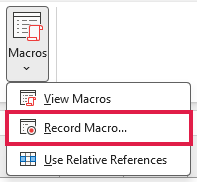View tab Macros menu with the Record Macro command selected.