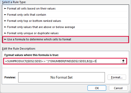 SUMPRODUCT and FIND formula in the New Formatting Rule dialog.