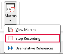 View tab Macros menu displaying the Stop Recording command.