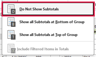 Do Not Show Subtotals in the PivotTable Design menu