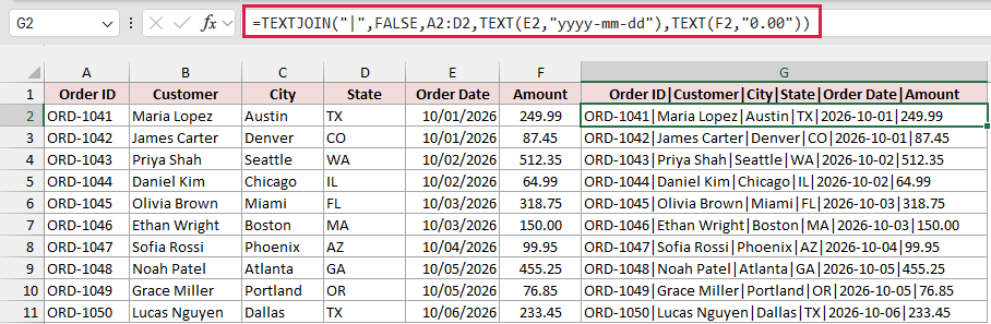 Excel column G contains pipe-delimited lines using TEXTJOIN and TEXT formatting.