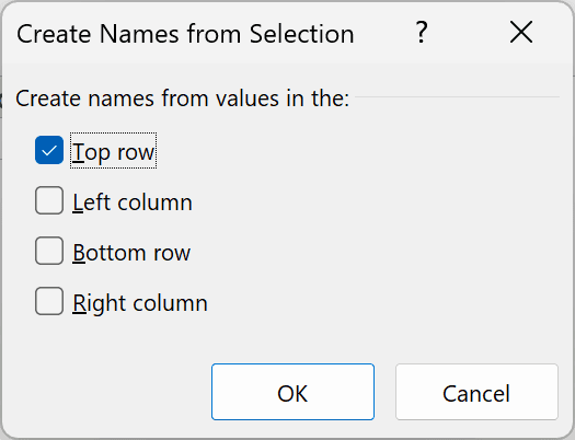 Create Names from Selection with only Top row checked