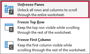 Unfreeze Panes command in Excel’s Freeze Panes menu