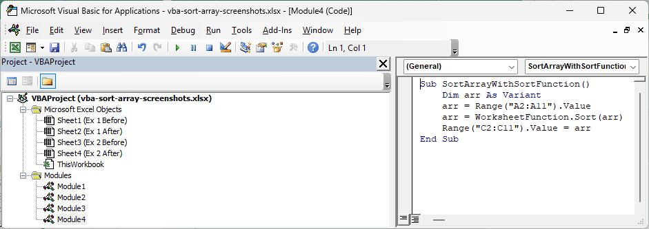 The Visual Basic Editor displays the SortArrayWithSortFunction macro using WorksheetFunction.Sort to sort the names.