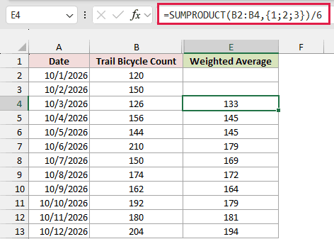 Weighted moving averages using SUMPRODUCT and weights 1, 2, and 3