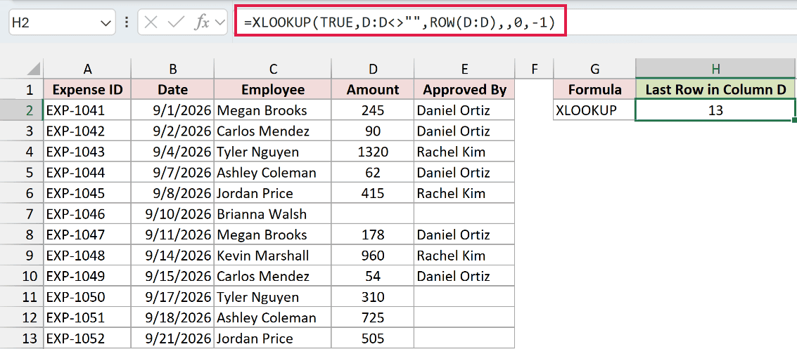 XLOOKUP formula in H2 returns 13, the last row with data in column D