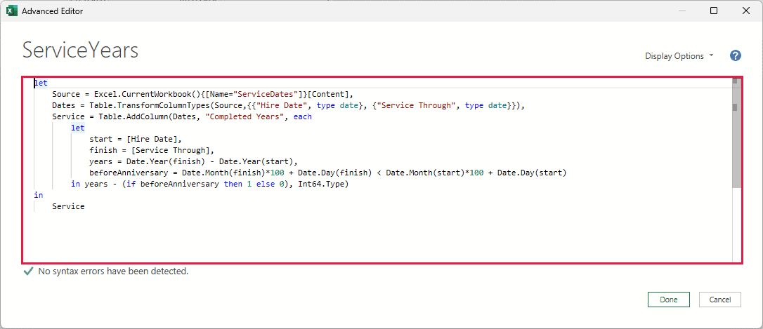 Power Query Advanced Editor code calculating completed service years from Hire Date and Service Through columns