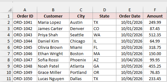 The Orders worksheet holds ten records ready for export through a VBA macro.