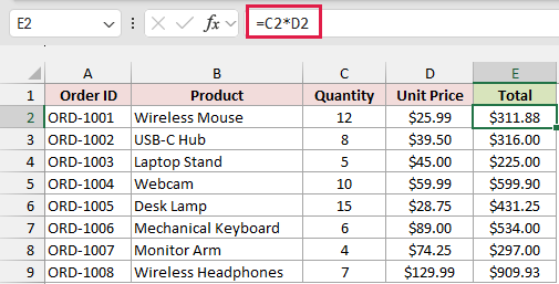 Orders dataset with E2 selected and =C2*D2 displayed in the formula bar.
