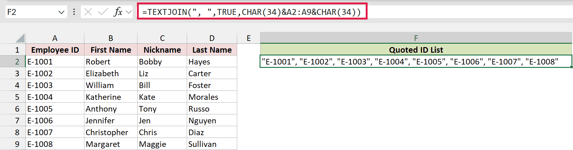 TEXTJOIN combines eight employee IDs into one comma-separated list with double quotes around each ID.