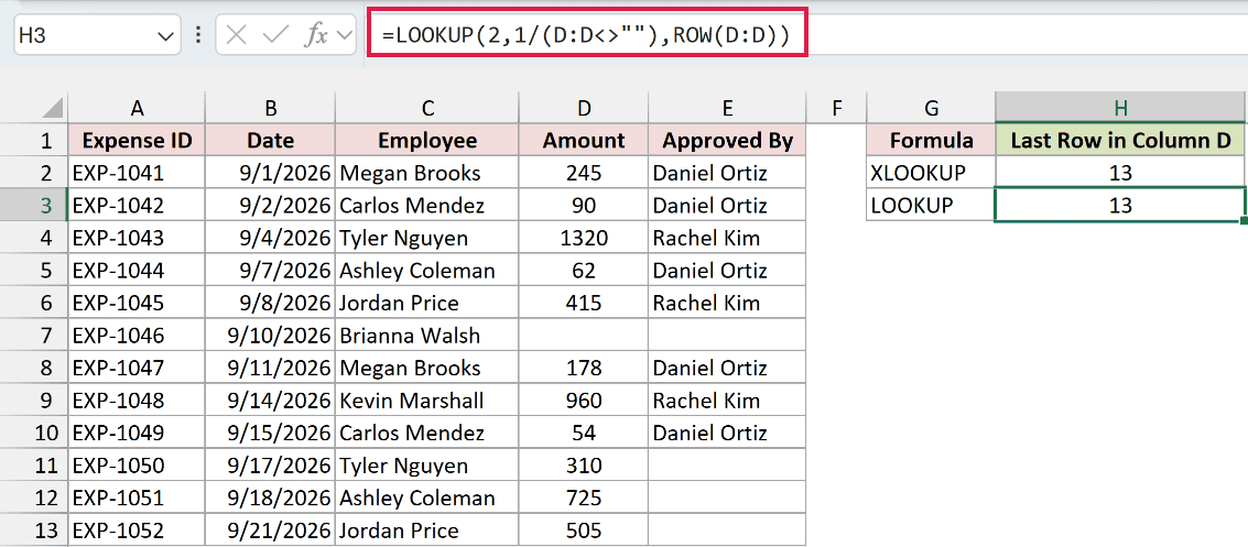 LOOKUP formula in H3 returns 13, the same last row as XLOOKUP