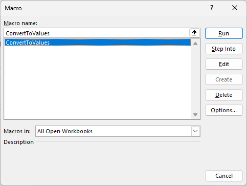 Macro dialog showing ConvertToValues selected, with the Options button available.