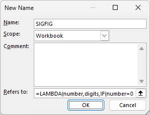 New Name dialog defines SIGFIG at workbook scope with a LAMBDA formula in Refers to.