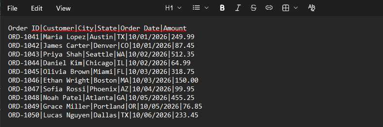 Orders.txt opens in Notepad showing pipe-delimited order records exported by the macro.