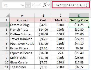 Selling Price column shows costs multiplied by one plus markup, with results starting at $11.25.
