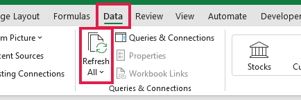 Excel ribbon showing the Data tab selected with the Refresh All button highlighted in red boxes