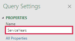 Excel Power Query Editor showing a table with employee names, hire dates, and a custom formula for completed years