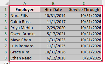 Excel table showing employee names, hire dates, and service end dates for calculating years of service