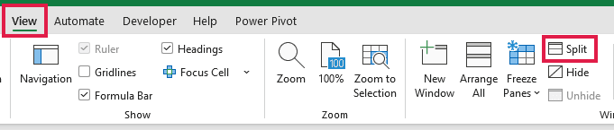 View tab and Split command on the Excel ribbon