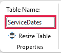 Excel Table Name field set to ServiceDates in the Table Design Properties group