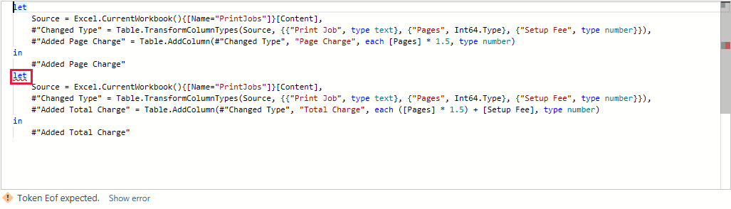 Advanced Editor containing two complete pasted queries and the Token Eof expected message.