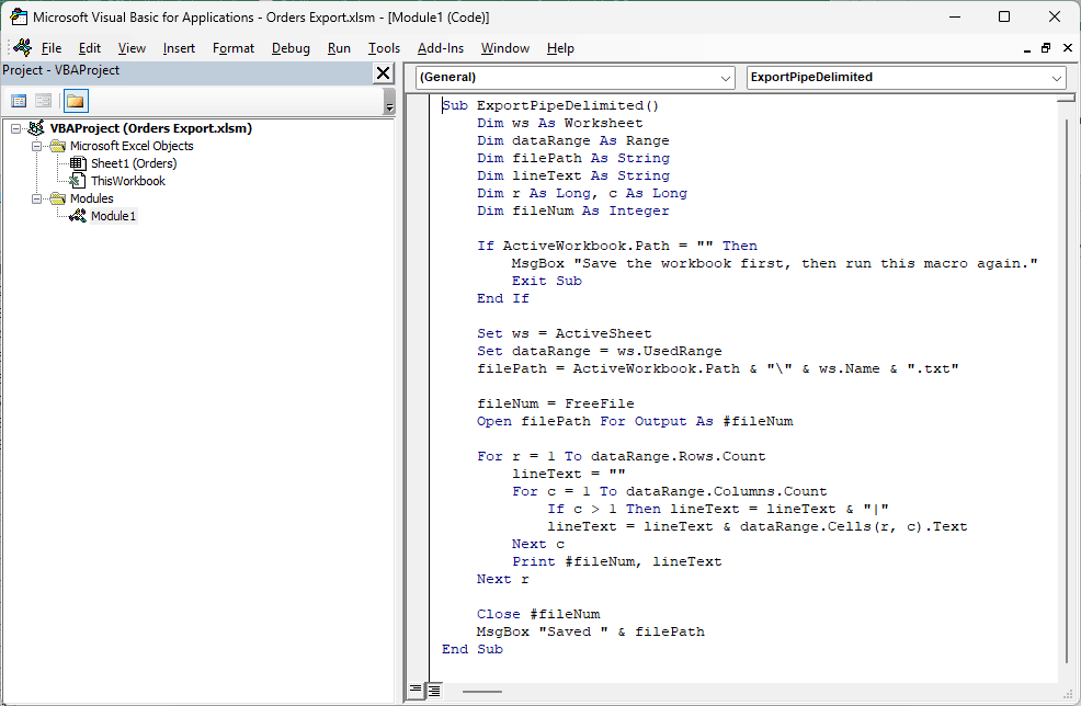 A VBA module displays the ExportPipeDelimited macro in the Visual Basic Editor.