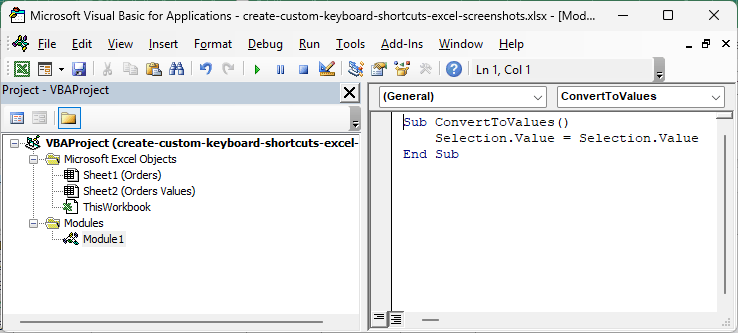 VBA module showing ConvertToValues code that replaces selected formulas with their values.