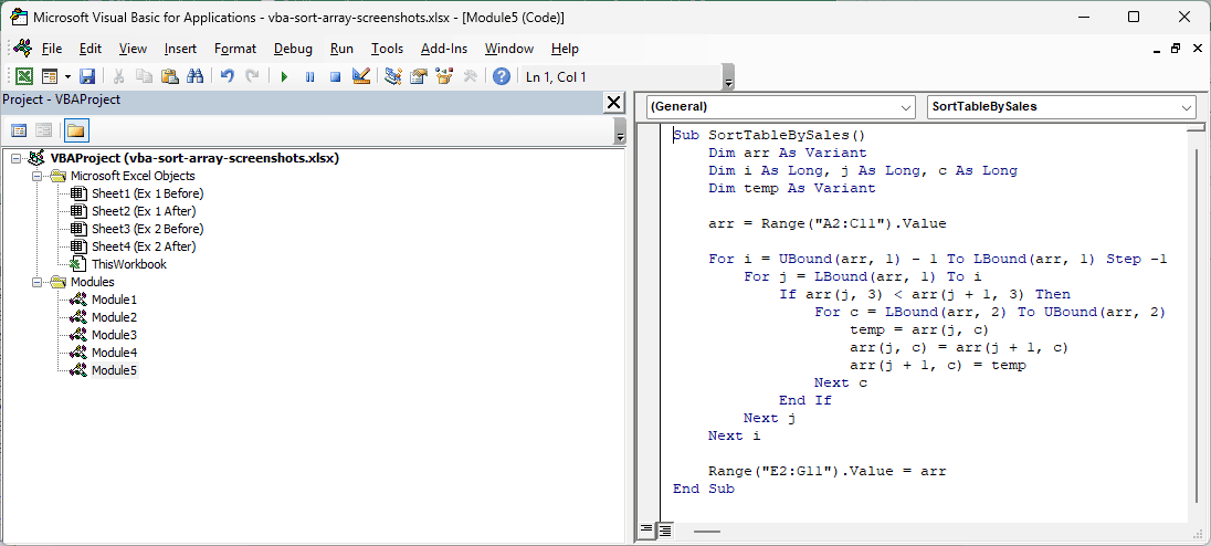 The Visual Basic Editor contains SortTableBySales code that sorts a 2D array while keeping rows together.